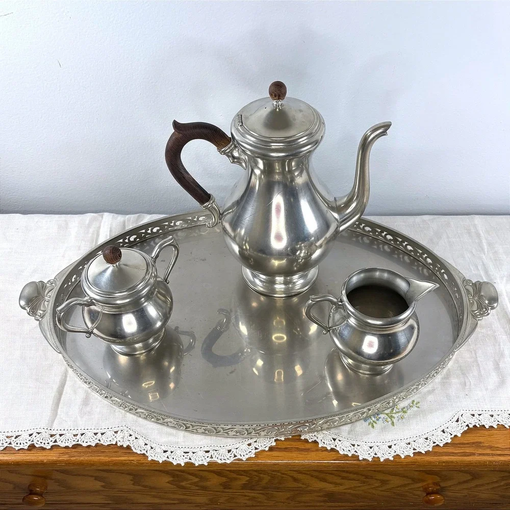 Vintage Royal Holland Pewter Coffee Set with Wood Accents and Gallery Tray
